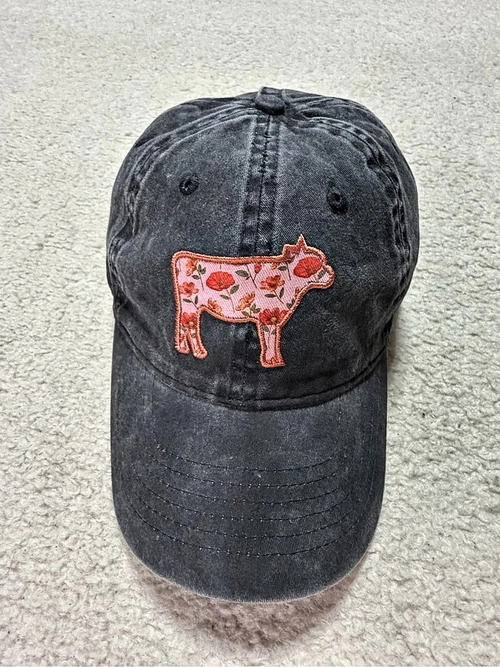 Floral Embroidered Cow Baseball Cap Black & Pink Like New